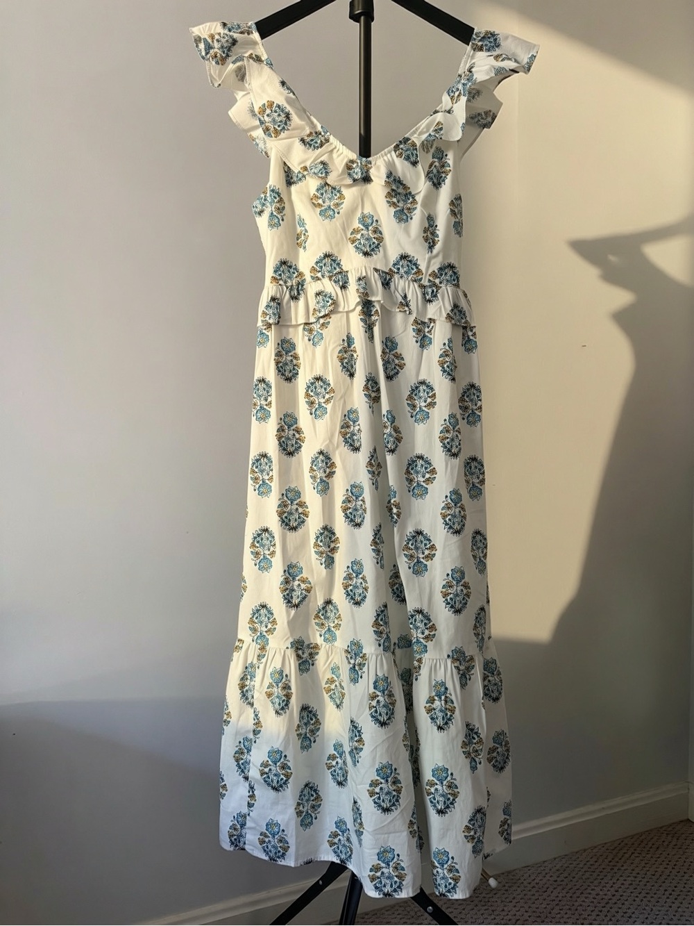 J. Crew Cream Maxi Dress with Blue Floral Print and Ruffle Details